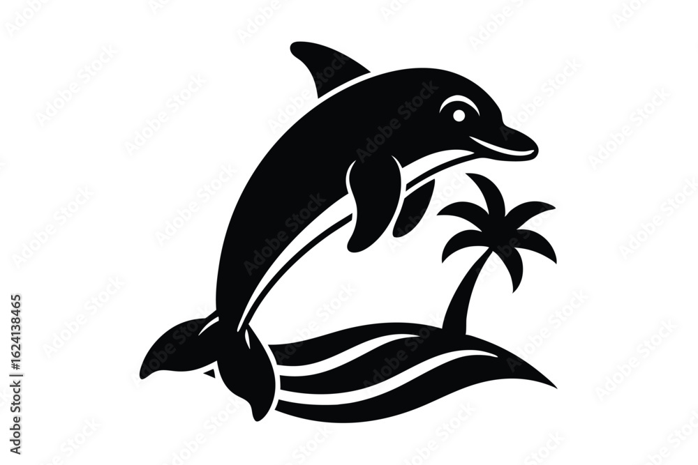 Naklejka premium illustrate a cartoon dolphin surfing on a wave wi.eps