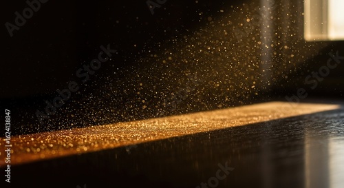 Golden dust particles floating in sunlit room, light beam shining, indoor air quality concept image