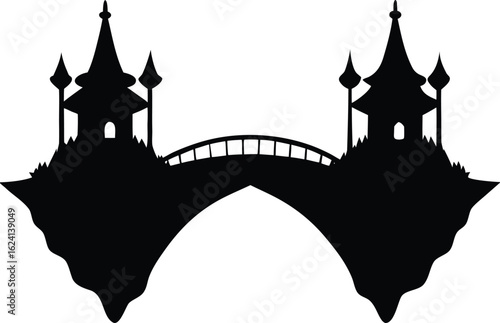 Fantasy bridge connecting two floating islands with pagodas isolated on transparent background