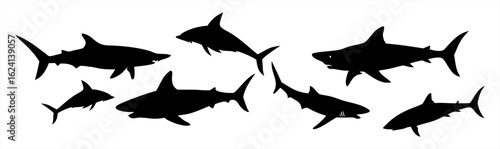 Collection of swimming shark silhouettes, an isolated vector set of marine predator icons.