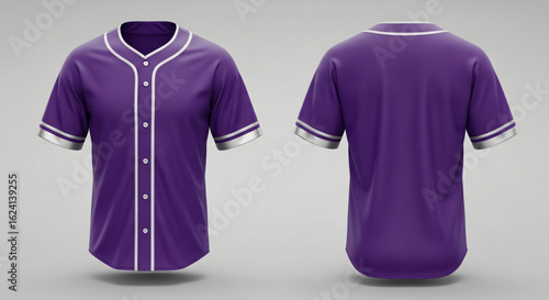 3D realistic mockup showcasing purple baseball jersey design from front and back angles on neutral background for sports apparel promotion