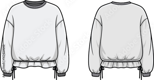 Stylish crewneck sweatshirt with voluminous sleeves, a ruffled drawstring hem, and dropped shoulders, a technical fashion flat sketch vector.