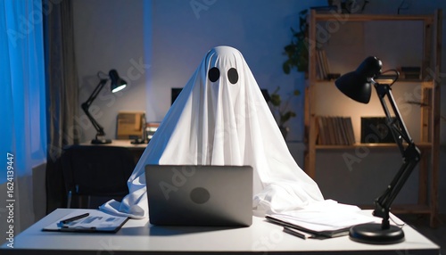 Ghostly figure at a desk, using a laptop, illuminated by lamps in a dimly lit room