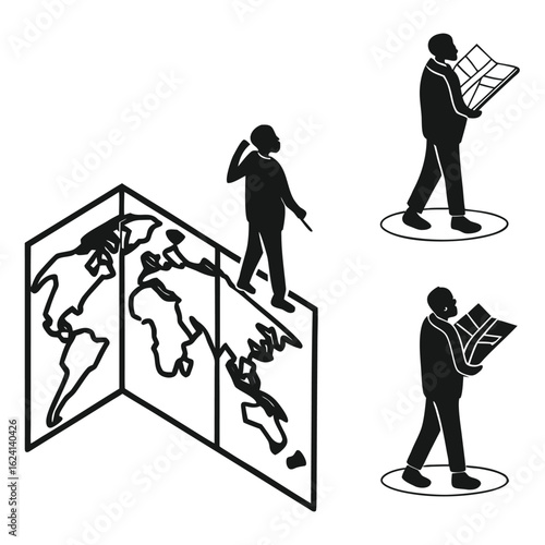 Figures interacting with world map and reading map