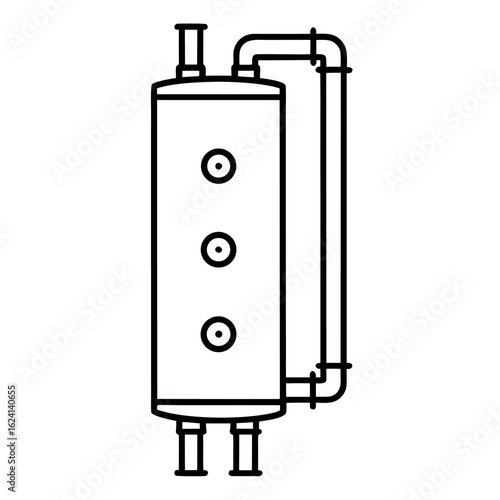 Illustration of a vertical water heater with connected pipes and plumbing fittings