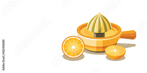 Yellow citrus juicer with fresh orange halves isolated on white background
