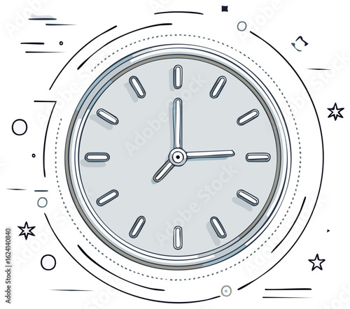 Clock Showing Three O'Clock, Time Management Concept, Cartoon style, Deadline, Punctuality, and Schedule