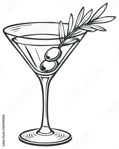Classic Dry Martini Cocktail Sketch with Olive Garnishes and Leafy Branch Decoration Hand Drawn Illustration