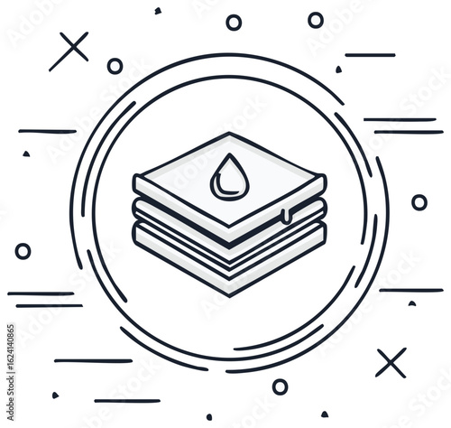 Stack of absorbent materials with a liquid droplet and graphic elements