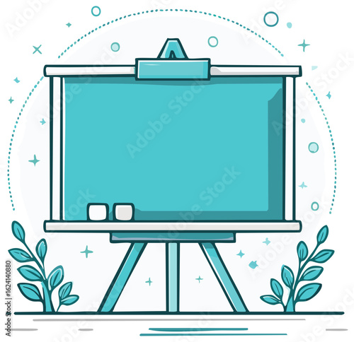 Hand drawn illustration of a blank presentation whiteboard on a tripod easel with copy space