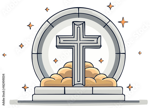 Illustration of Cross on Steps with Clouds and Stars in Circle Frame, Christian Symbol