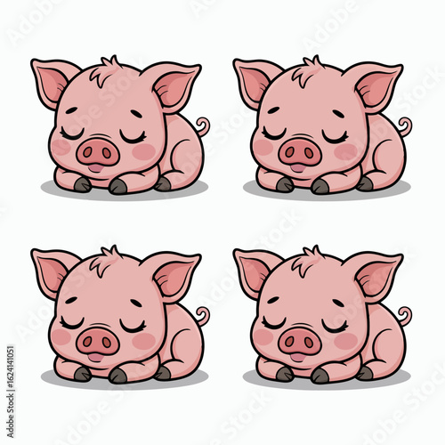 Illustration of four adorable cartoon pig isolated on white background, showcasing a delightful collection of cute baby farm animal characters, perfect for childrens illustrations and sweet