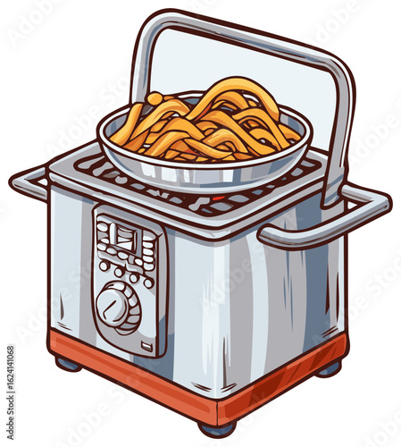 Cartoon illustration of a fryer with churros, snack, or food, cooking machine