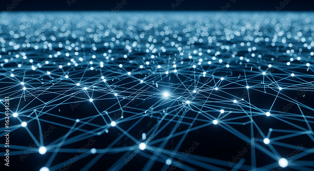 Obraz premium Blue Glowing Network of Interconnected Nodes and Lines in Abstract Digital Background
