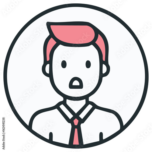 Shocked man wearing a shirt and tie in a circle graphic
