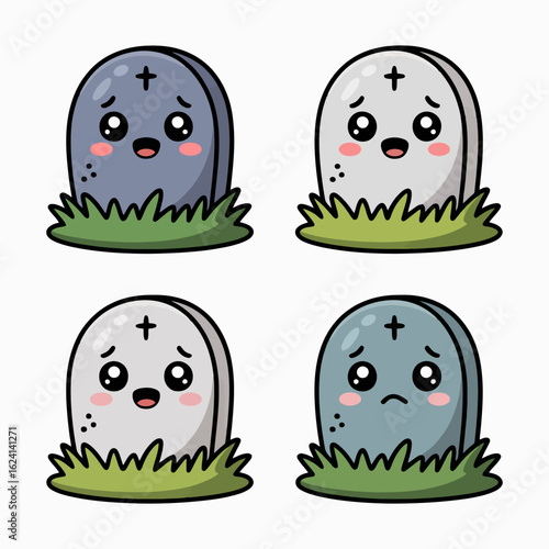 Illustration of cute cartoon tombstone characters with sad expressions isolated on white background, perfect for illustrating themes of grief, loss, or remembrance in a lighthearted manner
