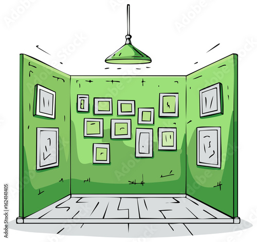 Gallery wall of framed art pieces in a green room, illustrated interior with overhead light and wood floor.