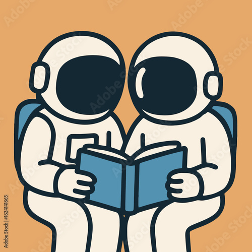 Illustration of two cartoon astronauts in space suits sit side by side, reading a book together, symbolizing the importance of knowledge, learning, and exploration in the pursuit of