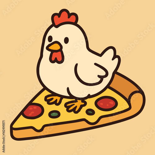 Illustration of a cute chicken riding a slice of pizza, blending the charm of a cartoon animal with the appeal of fast food, creating a funny and eyecatching design for various projects