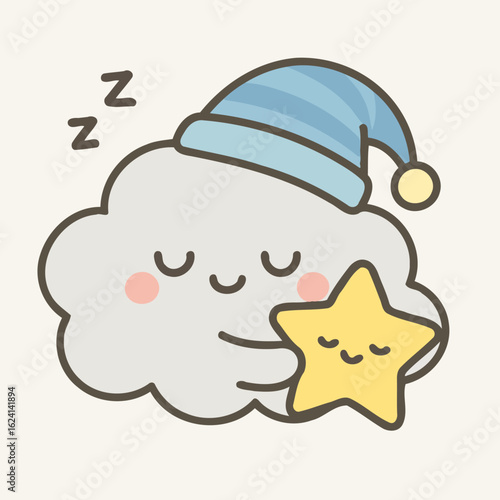 Illustration of a cute sleeping cloud hugging a star, dreaming sweetly under the night sky, isolated on white background a charming illustration for children, conveying peace and tranquility