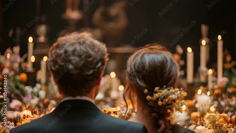 Couple facing candles and flowers in warm light Couple facing candles and flowers in warm light