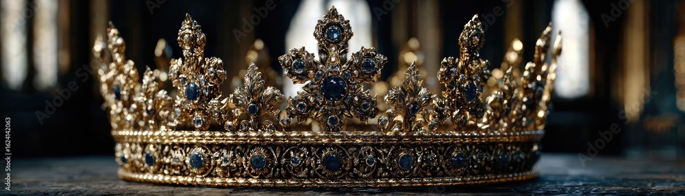 Obraz premium Glorious crown for antique fantasy concept. An ornate golden crown embellished with precious stones.