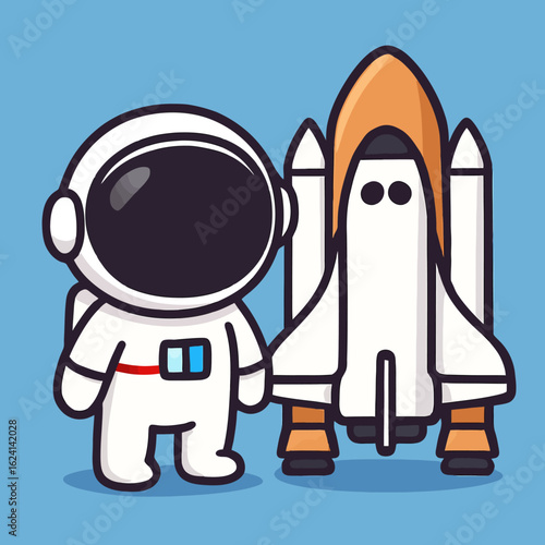 Illustration of a charming cartoon astronaut in a spacesuit stands proudly next to a space shuttle, embodying the spirit of space exploration, scientific discovery, and technological