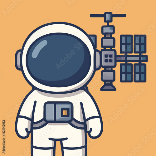 Illustration of a cute astronaut in a spacesuit standing next to a space station, perfect for childrens books, educational materials, or spacethemed designs on a light brown background