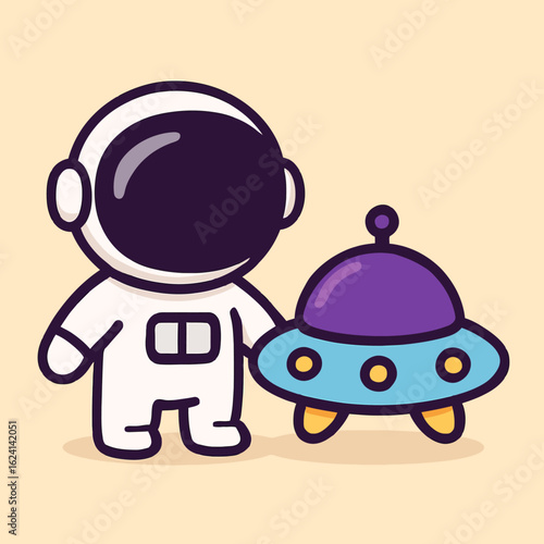 Illustration of a cute astronaut cartoon character stands next to a colorful ufo spaceship, ready for an intergalactic adventure and a first encounter with extraterrestrial life in the vast