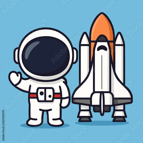Illustration of a charming cartoon astronaut waving hello next to a sleek rocket ship, ready for an exciting space adventure, perfect for childrens illustrations and educational materials
