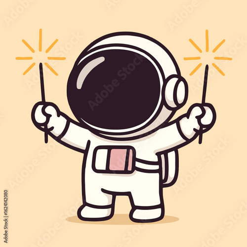 Illustration of a cheerful astronaut in a spacesuit joyfully celebrates with sparklers, radiating festive vibes and embodying the spirit of space exploration and childlike wonder