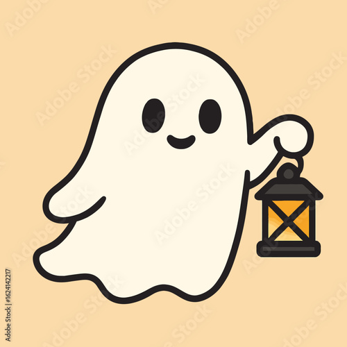 Illustration of a charming cartoon ghost gracefully floats, holding a vintage lantern, casting a warm glow on a spooky halloween night, a delightful vector illustration for festive