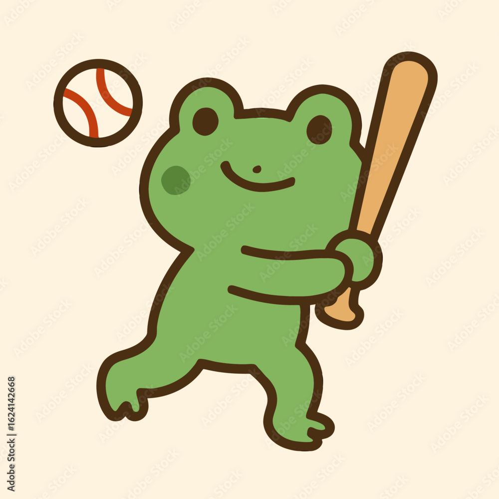 Obraz premium Illustration of a cute frog playing baseball, holding a bat and ready to hit the ball, cartoon character with a happy expression, perfect for childrens books and educational materials