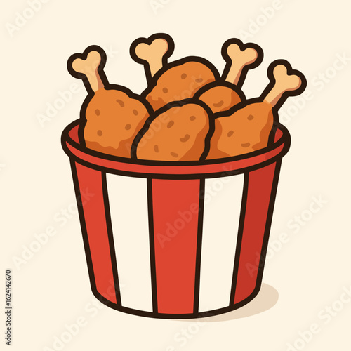 Illustration of a mouthwatering cartoon illustration of a bucket of fried chicken, perfect for adding a touch of kawaii to any design, isolated on white background