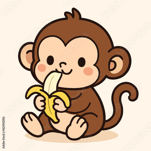 Canvas Print Illustration of a charming cartoon monkey joyfully eating a banana, isolated on