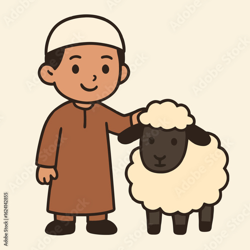 Illustration of a cartoon illustration of a smiling boy with a sheep, symbolizing eid aladha, the muslim festival of sacrifice, perfect for greeting cards, posters, and cultural celebrations