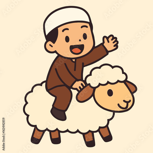 Illustration of a cartoon illustration of a cheerful boy riding a sheep, symbolizing eid aladha, the muslim festival of sacrifice, perfect for greeting cards, posters, and cultural