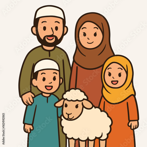 Illustration of a happy muslim family celebrating eid aladha with their sacrificial sheep, showcasing the joy and togetherness of the islamic tradition in a cute cartoon style