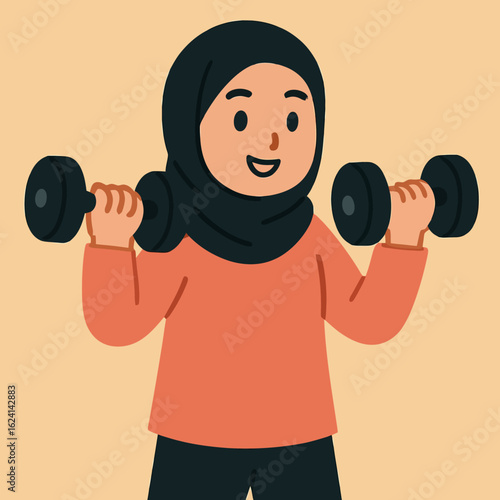 Illustration of a strong muslim woman exercising with dumbbells, promoting fitness and a healthy lifestyle, showcasing her strength and determination in a cute cartoon style
