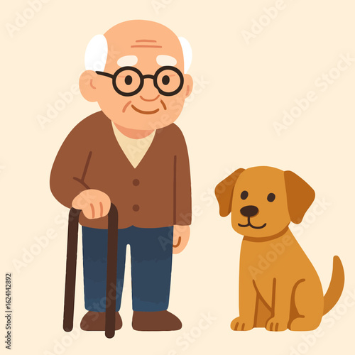 Illustration of cartoon illustration of a grandfather and dog, representing family, love, and friendship, a vector design for intergenerational connection and the bond between humans and