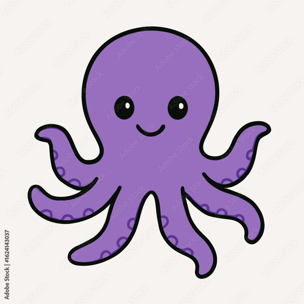 Fototapeta premium Illustration of cute purple octopus cartoon illustration isolated on white background adorable sea animal with tentacles and smile, perfect for childrens designs and marinethemed projects