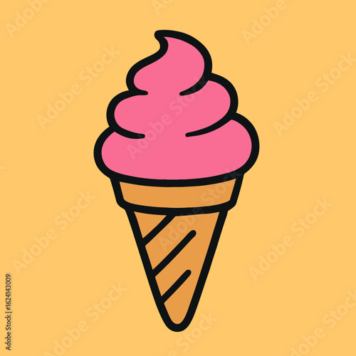 Illustration of a delightful ice cream cone illustration featuring a pink scoop of ice cream, perfect for adding a touch of sweetness to any design, isolated on white background