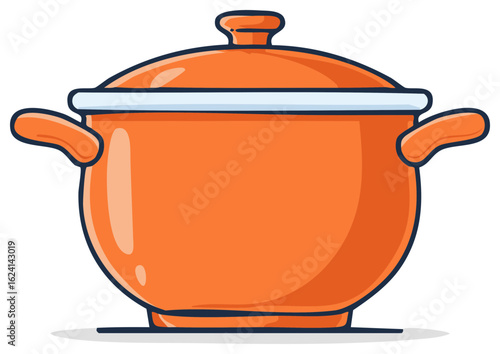 Orange cooking pot with lid and handles Kitchenware cookware cartoon vector illustration