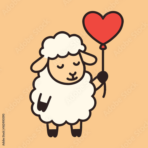 Illustration of a cute cartoon sheep is holding a red heartshaped balloon, expressing love and joy in a funny and adorable way vector illustration for valentines day or any romantic