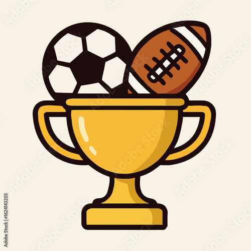 Illustration of a gleaming trophy, adorned with a soccer ball and football, symbolizing victory and achievement in sports, representing the culmination of hard work, teamwork, and the