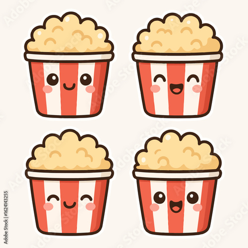 Illustration of a set of four cute cartoon popcorn buckets with different facial expressions, perfect for moviethemed designs, snack promotions, and adding a touch of fun to any project