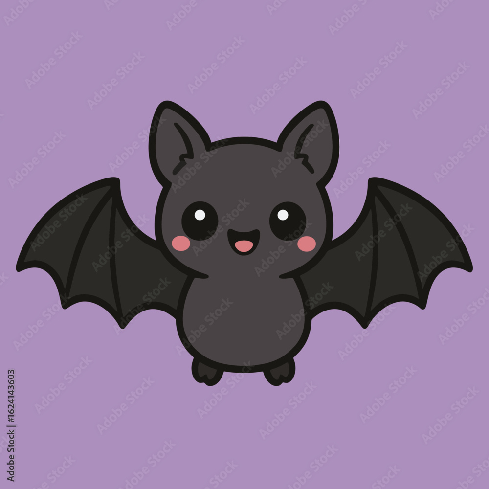 Obraz premium Illustration of a cute cartoon bat with wide, innocent eyes and outstretched wings hovers against a soft purple backdrop, embodying the playful spirit of halloween with a touch of kawaii