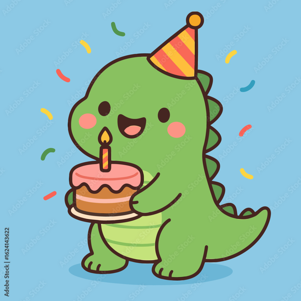 Fototapeta premium Illustration of a charming cartoon illustration of a cheerful dinosaur wearing a birthday hat and holding a delicious cake with a lit candle, surrounded by colorful confetti, perfect for