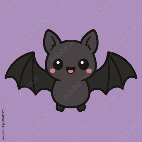 Illustration of a cute cartoon bat with wide, innocent eyes and outstretched wings hovers against a soft purple backdrop, embodying the playful spirit of halloween with a touch of kawaii