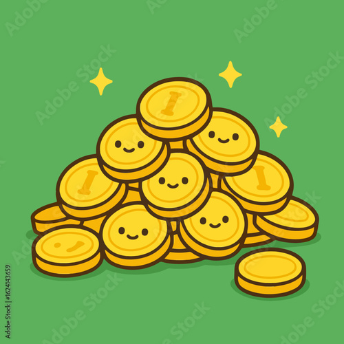 Illustration of a delightful cartoon illustration showcasing a cheerful pile of golden coins, each adorned with a cute smiley face, set against a vibrant green background, radiating a sense
